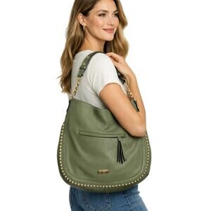 Jessica Simpson Camille Olive Studded Hobo Bag Gold Chain Detail